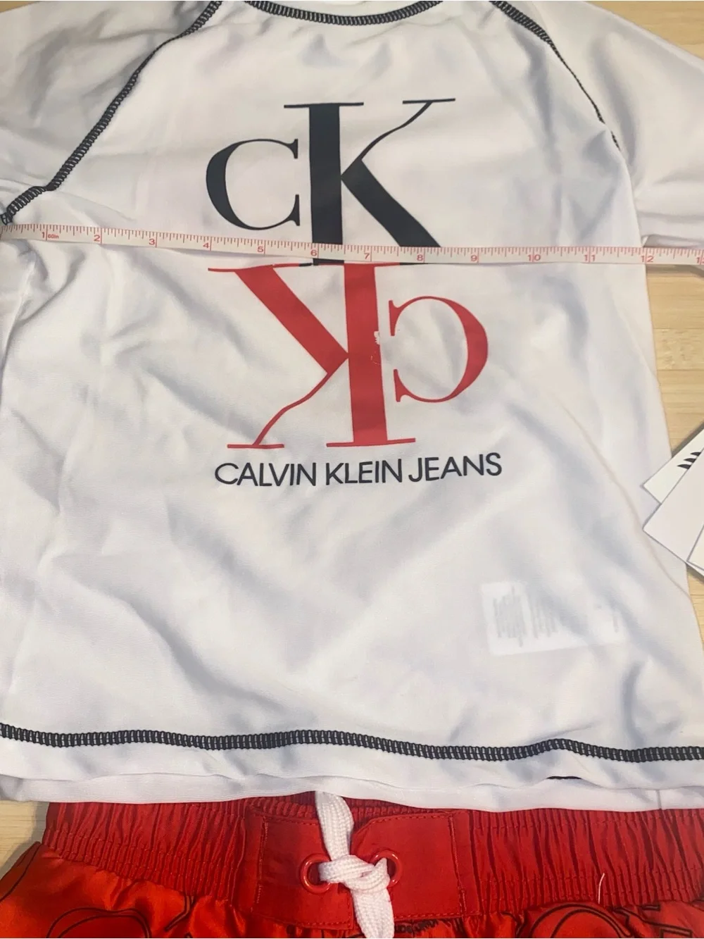 New Calvin Klein Boys Swim 2 piece Set Trunks Shirt Toddler Red White